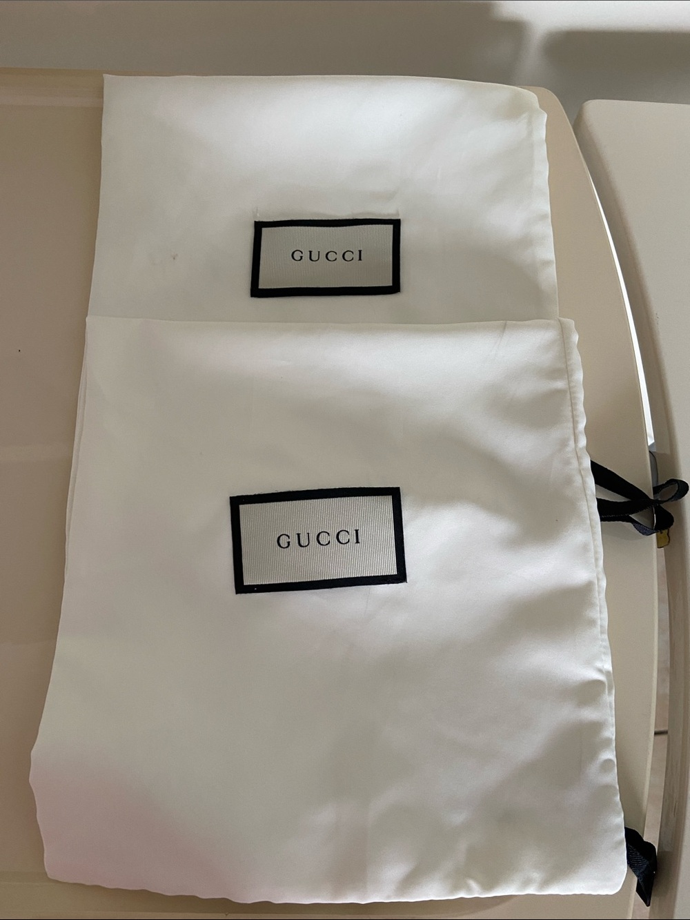 2 Gucci White Drawstring Shoe Dust Bag with Black Logo Patch
